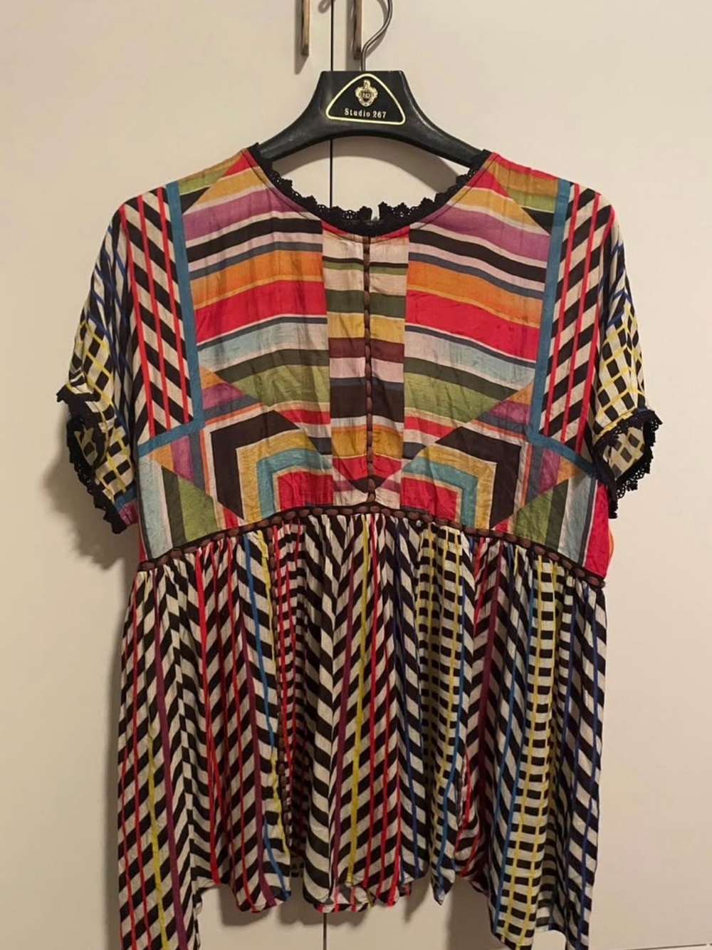 Anthropologie Multicolor Geometric Stripe Short Sleeve Top